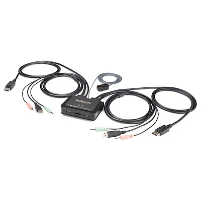 StarTech.com 2 Port DisplayPort KVM Switch, 4K 60Hz, Compact Dual Port UHD DP 1.2 USB Desktop KVM Switch w/ Integrated 4ft Cables & Audio, Bus Powered & Remote Switching, MacBook ThinkPad  4K KVM Switch w/ Audio (SV211DPUA4K) - KVM / audio switch - 2 x KVM / audio - desktop 